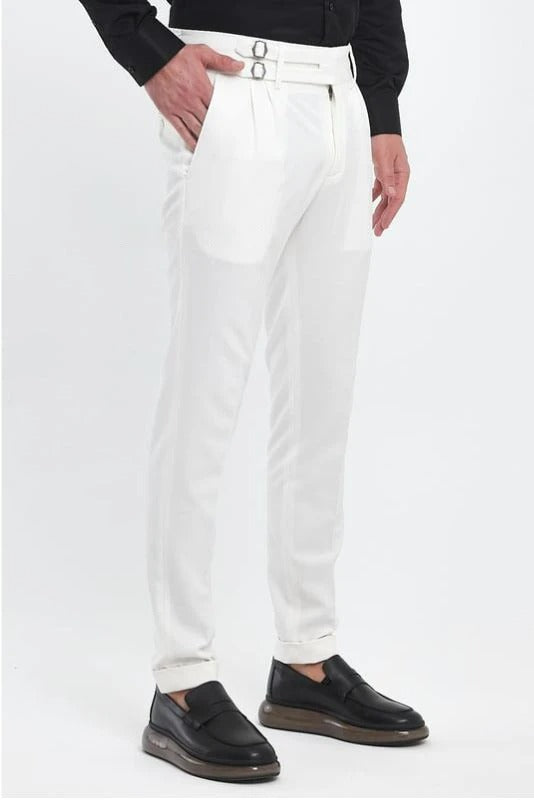 White Double Buckle Formal Gurkha Pants by Ellegance