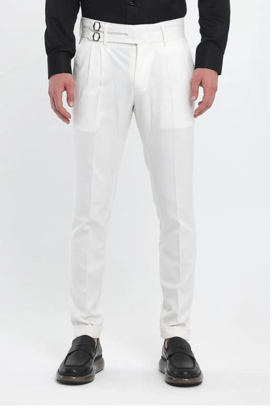White Double Buckle Formal Gurkha Pants by Ellegance