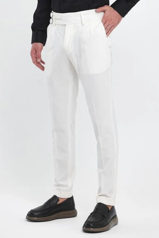 White Double Buckle Formal Gurkha Pants by Ellegance