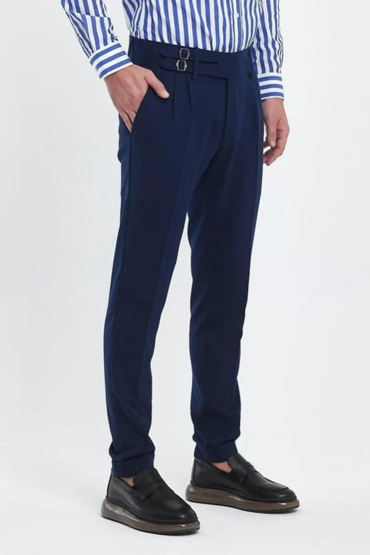 Navy Blue Double Buckle Gurkha Pants by Ellegance