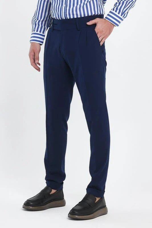 Navy Blue Double Buckle Gurkha Pants by Ellegance
