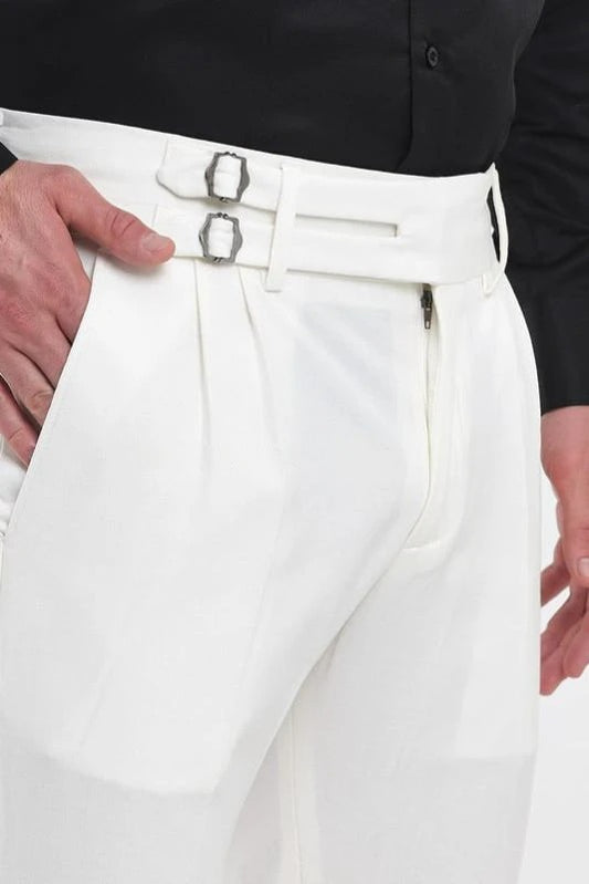White Double Buckle Formal Gurkha Pants by Ellegance