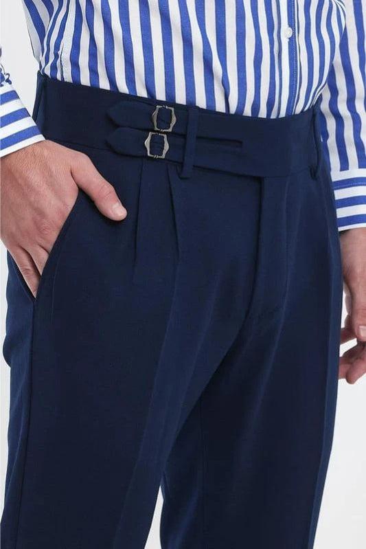 Navy Blue Double Buckle Gurkha Pants by Ellegance