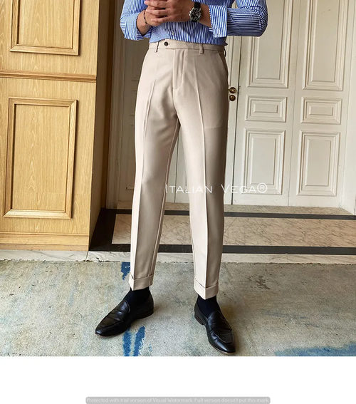 Beige Men Formal Pants by ELLEGANCE